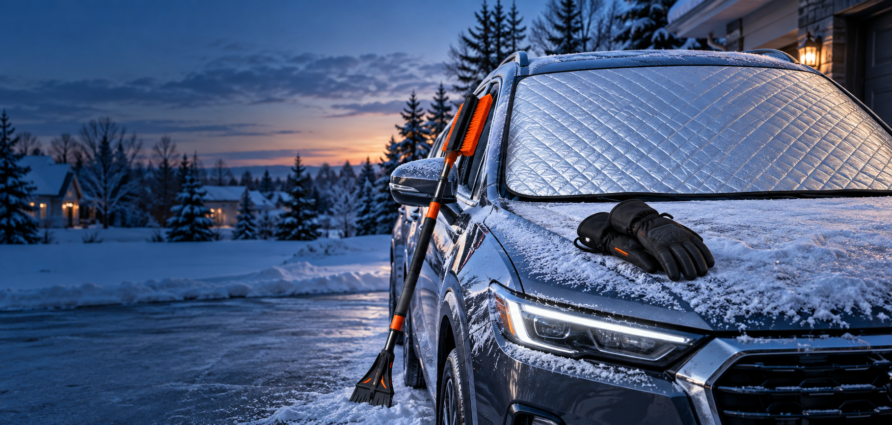 Winter essentials on a snow-covered vehicle